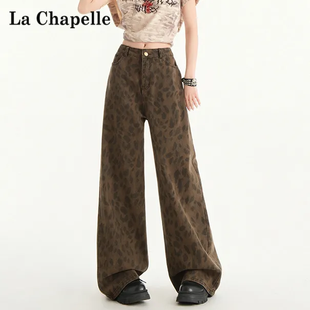 拉夏贝尔美式复古豹纹牛仔裤女秋季爆款2025新款显瘦高腰阔腿裤子