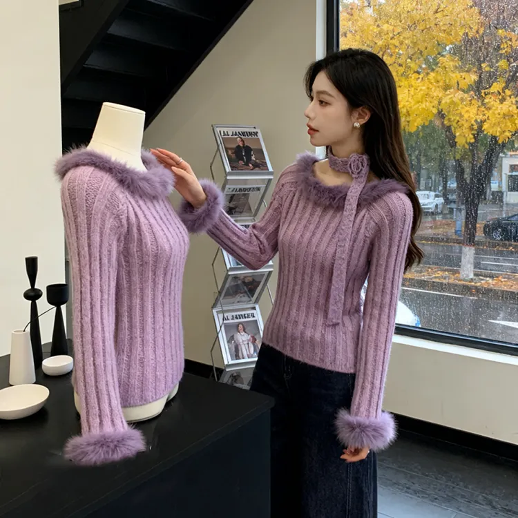 2025秋冬绝美巨好看独特漂亮气质慵懒松弛感紫色花朵飘带毛毛上衣