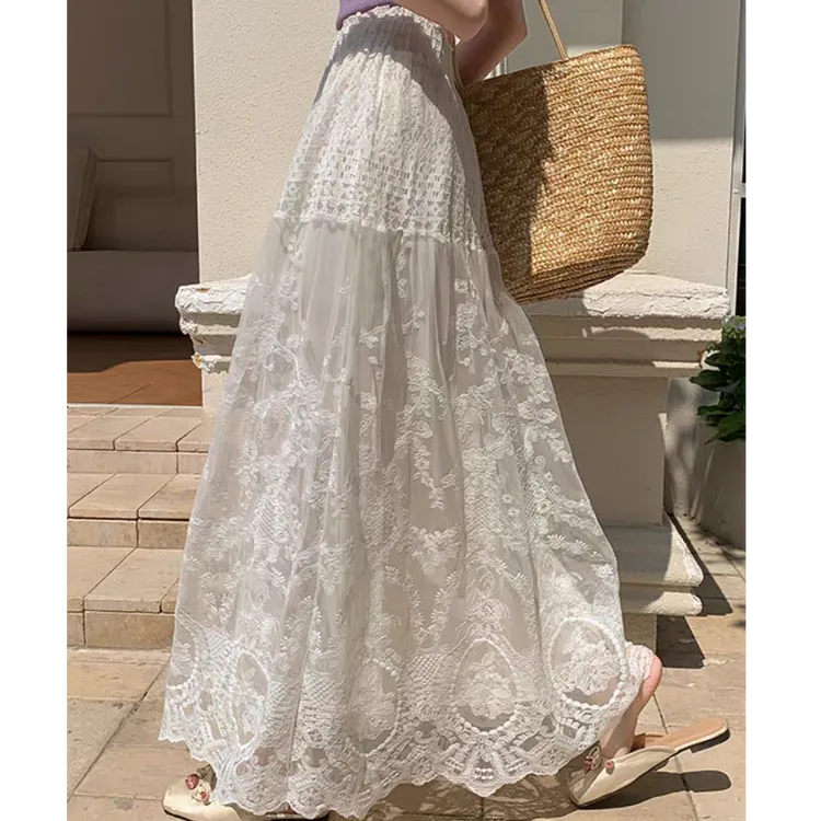 【现货】甜美蕾丝网纱半身裙女春秋新款高腰显瘦垂感a字半裙长款裙