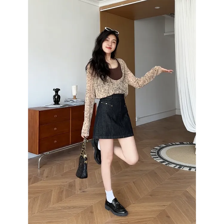 张阿星【慢调松弛】罩衫吊带真两件U领罩衫+牛仔半裙W425A14796