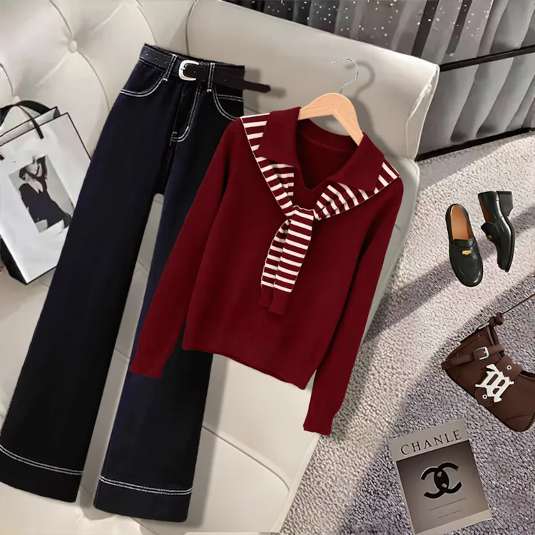 洋气休闲秋季套装新款披肩针织上衣牛仔裤不撞衫小众慵懒风两件套