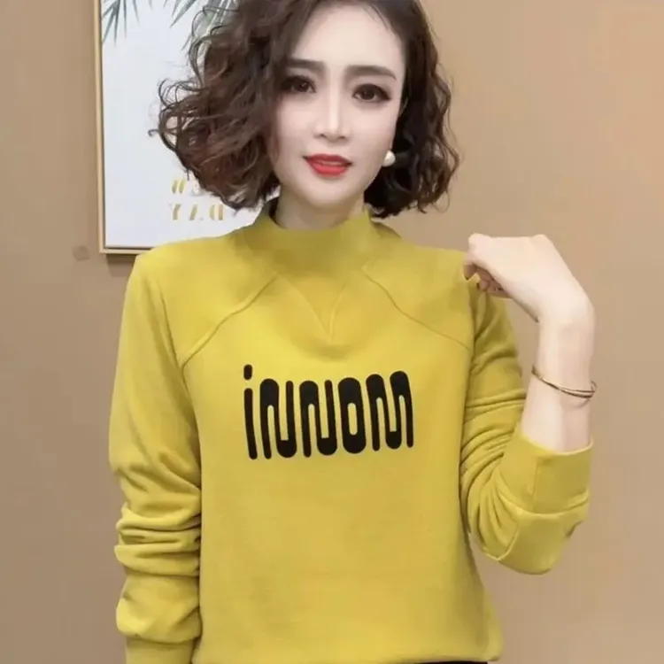 半高领女长袖时尚休闲双面绒T恤百搭打底衫保暖宽松