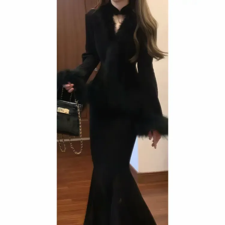 【甄姬套装】千金风贵气感冬季毛毛外套搭配立丝绒鱼尾修身半裙