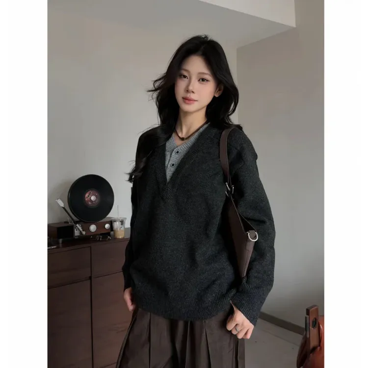 老钱风羊毛纱线深V领毛衣男女同款秋冬季慵懒风假两件针织衫外套