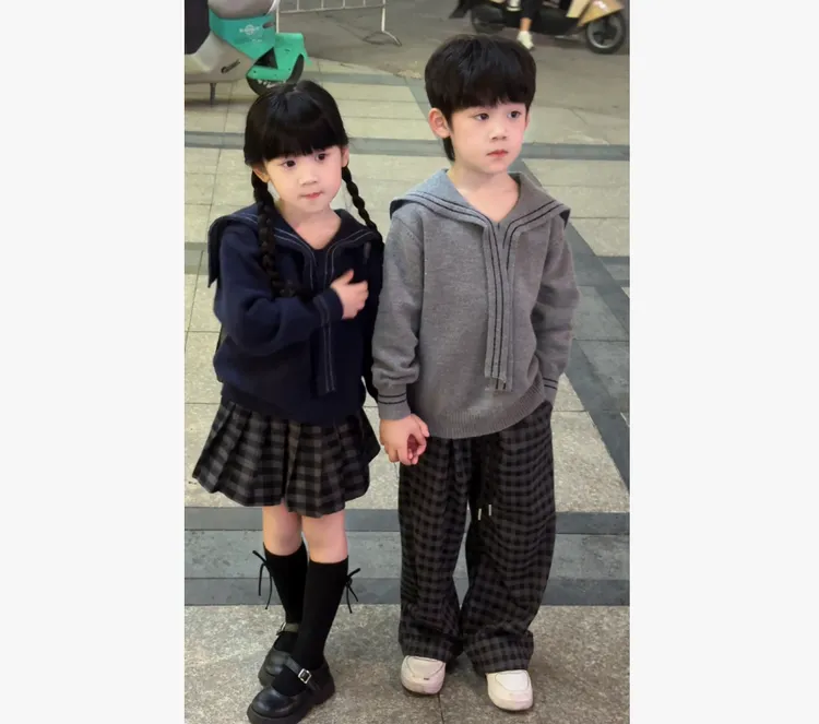 【兄妹款】儿童秋装撞色休闲百搭款针织海军领套头毛衣套装时尚亲肤