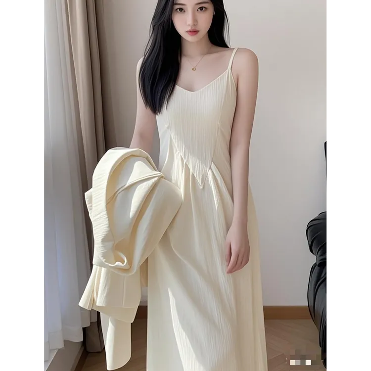 大码薄款短袖西装吊带裙套装女夏季新款胖mm时尚减龄米白气质西服