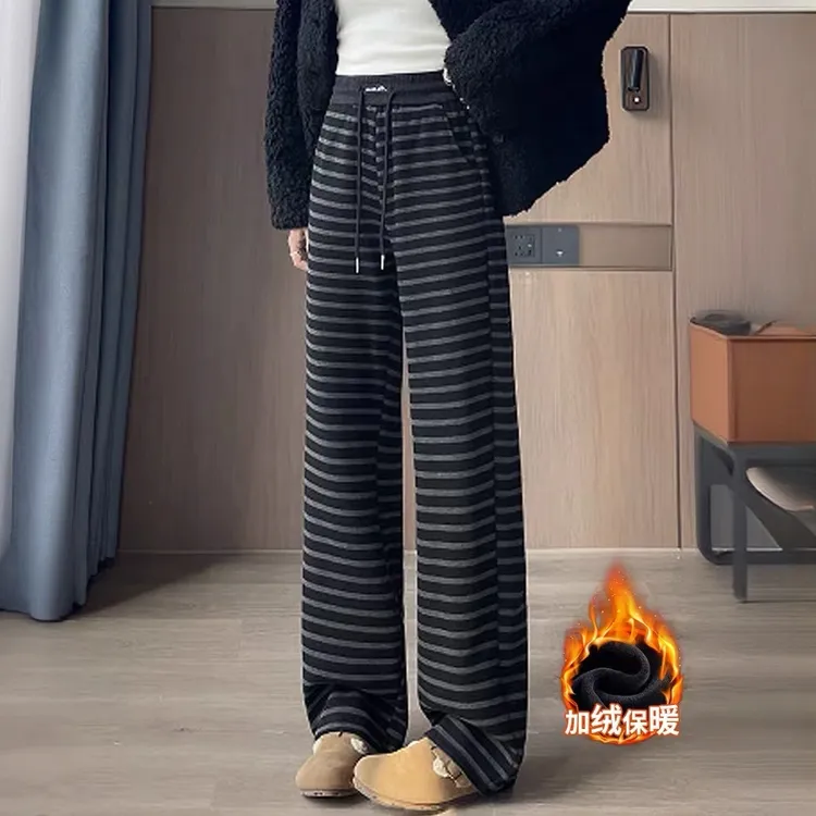 窄版阔腿裤女秋冬季加绒休闲小个子加厚复古条纹高腰显瘦直筒裤子
