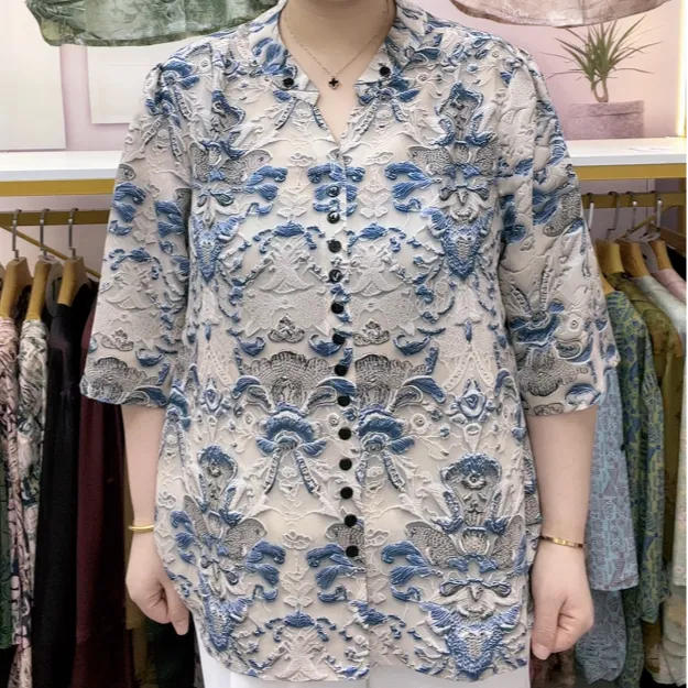 8015-3D花叠领排扣气质五分袖套头衬衫