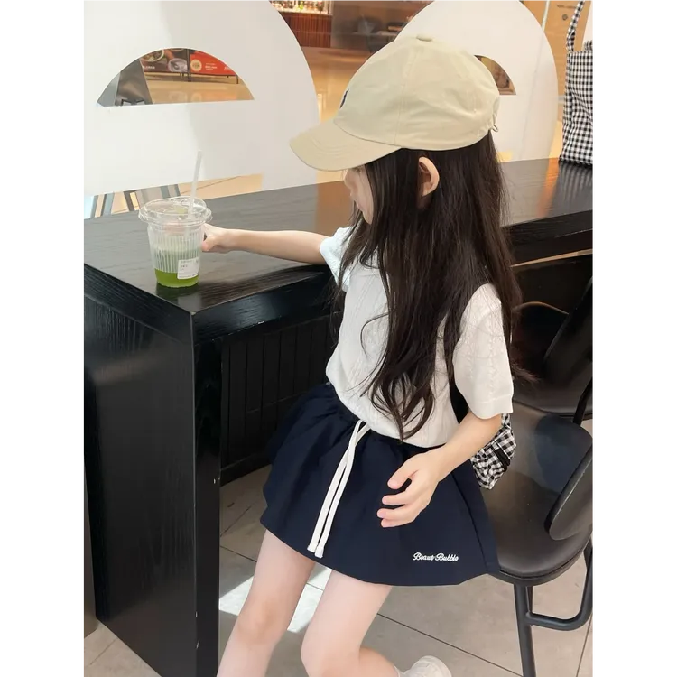 壹妈韩版童装女童夏装套装洋气儿童学院风polo领针织短袖上衣裙裤