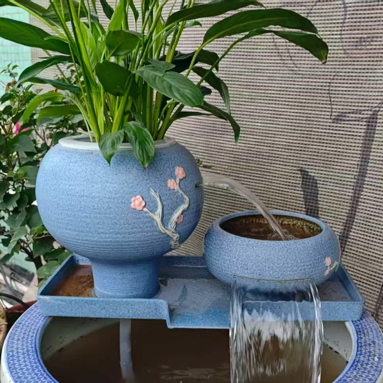 古法养鱼瀑布流水造景循环水绿植家中增氧过滤摆件组合一体