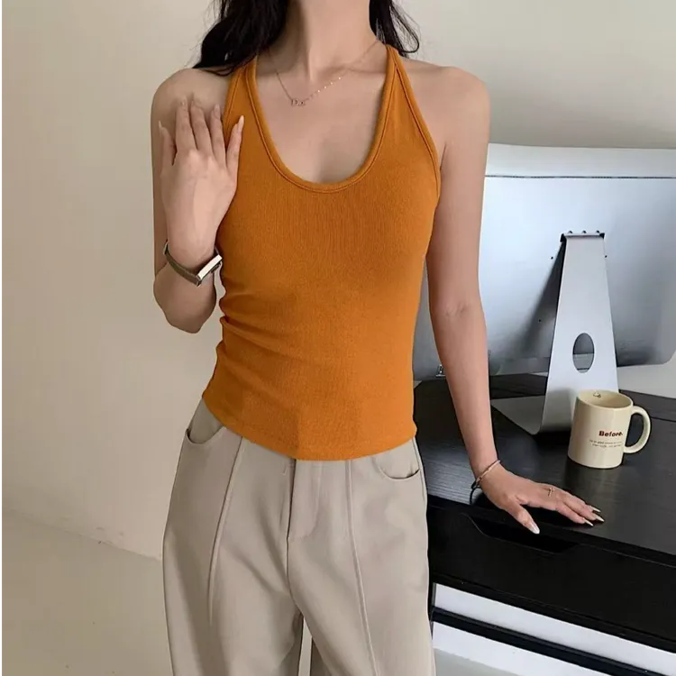 辣妹款挂脖工字背心固定杯乳胶胸垫遮副乳修身美背内搭外穿上衣