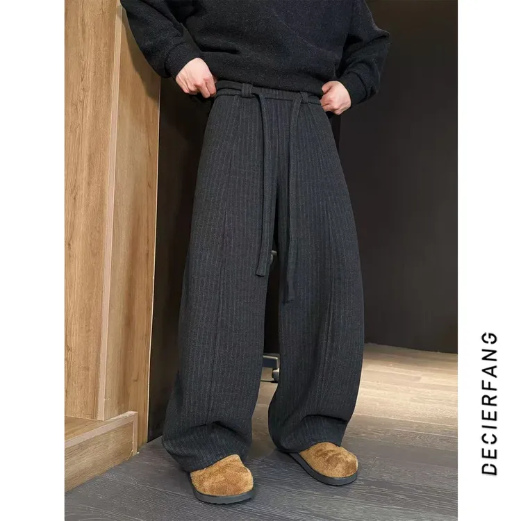 2025秋冬设计师款飘带抽绳竖条纹加绒休闲裤男潮牌百搭弯刀阔腿裤