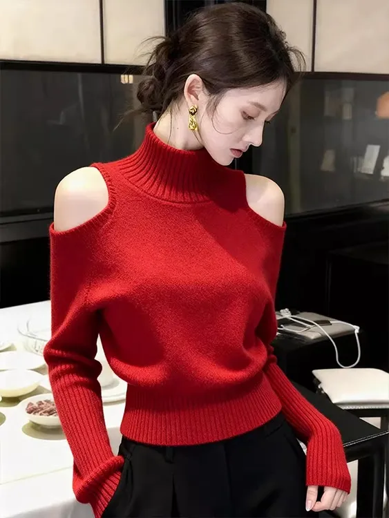 港式复古风红色高级感露肩高领毛衣女2025冬季简约百搭超好看上衣