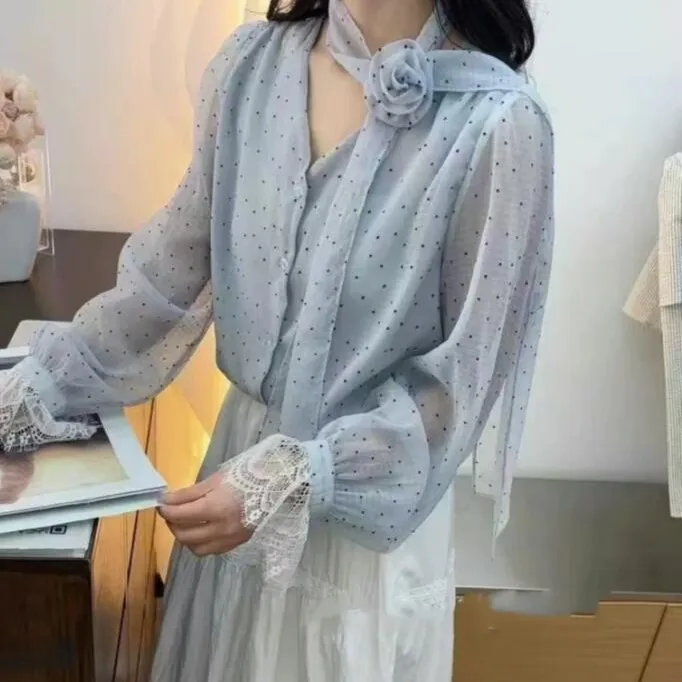 秋季新款韩版设计感波点印花长袖挂脖衬衫百搭休闲气质上衣衬衣女