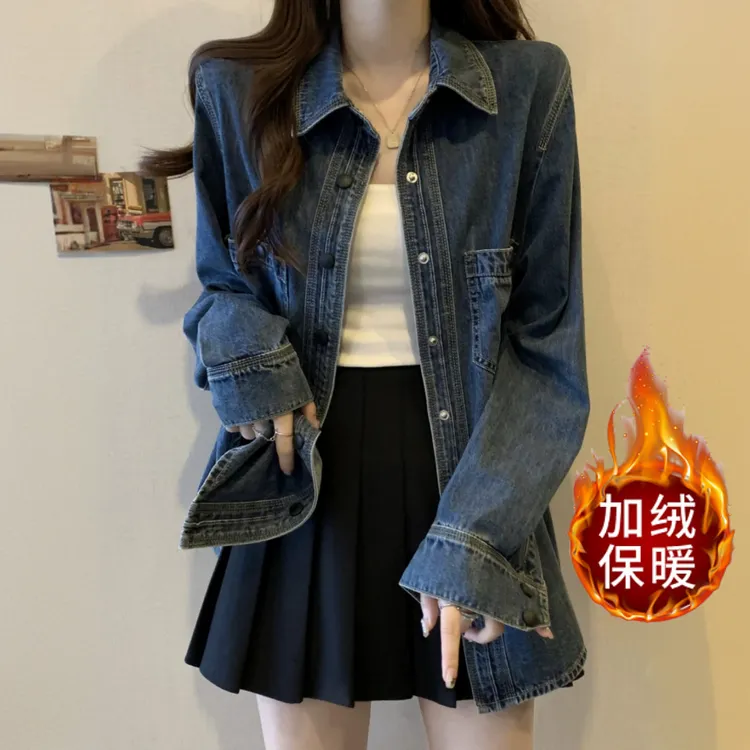 【保暖百搭】复古长袖上衣设计2025宽松秋冬季加厚牛仔衬衫衬衣外套