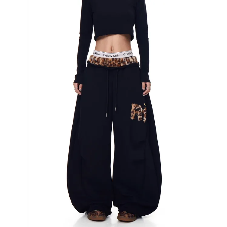 美式复古毛绒豹纹刺绣拼接弯刀休闲卫裤女爵士舞宽松阔腿运动裤子