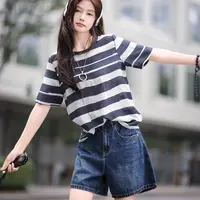 悦享服饰2025夏季新款女宽松藏青条纹桑蚕丝透气圆领T恤休闲百搭