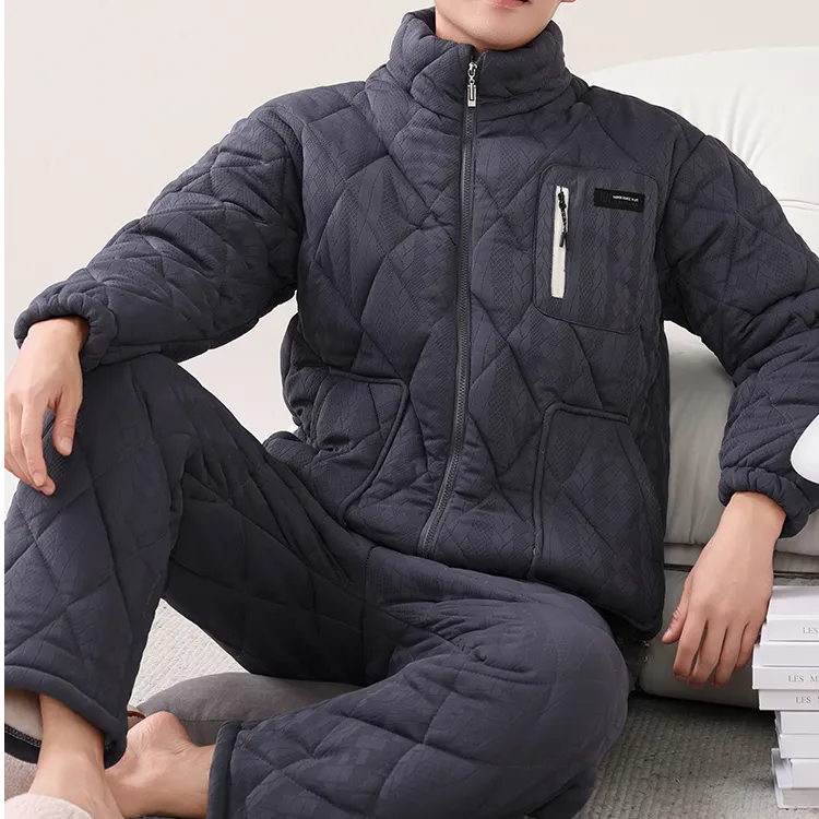 AEROMRGEN男士冬季纯棉夹棉三层加厚家居服全棉加大码冬款套装