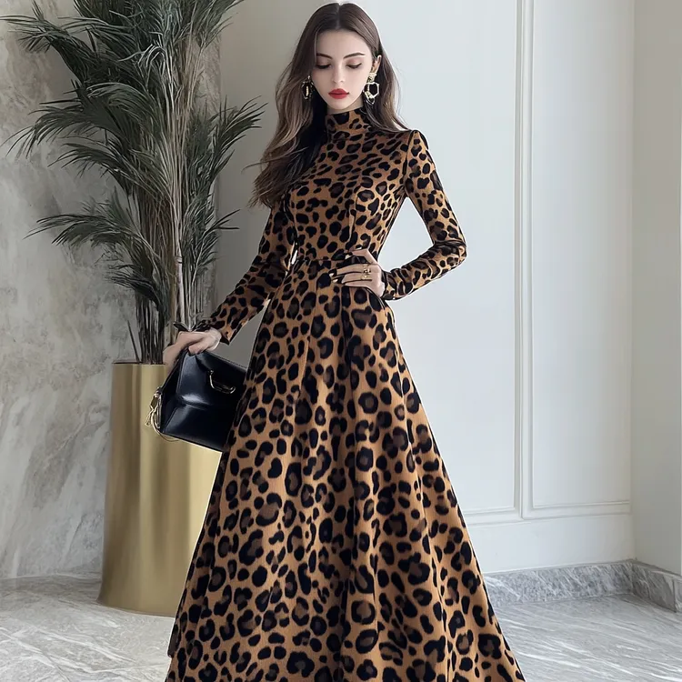 秋季时尚豹纹复古连衣裙高领长袖优雅连衣裙显瘦气质长袖印花秋冬
