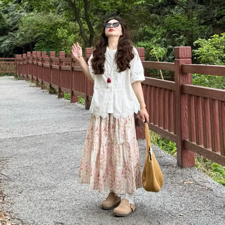 夏季白色短袖衬衫女小个子蕾丝爱心泡泡袖上衣设计感小众衬衣套装