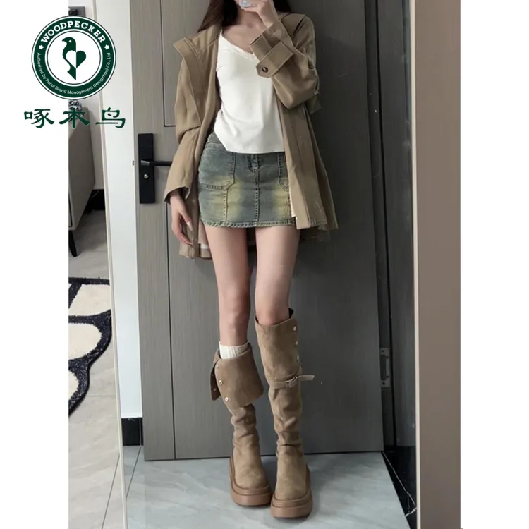 啄木鸟厚底长筒靴女2025秋冬新款不过膝绒面长靴显瘦高筒骑士靴子