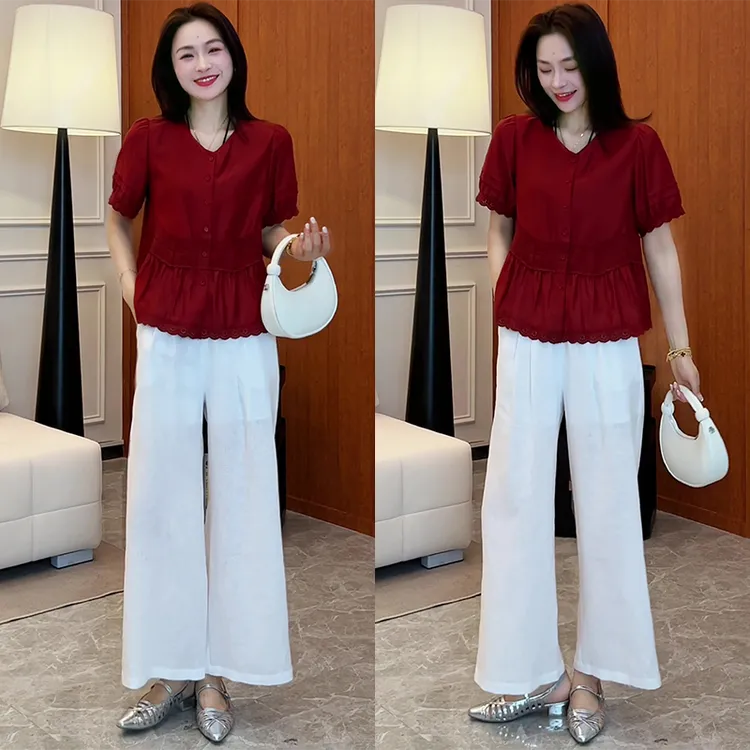 2025夏季减龄森系宽松INS风时尚显瘦设计感短袖上衣高腰休闲裤子