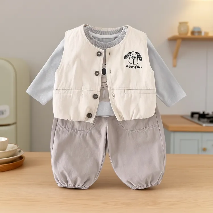 男童套装秋装2025新款男宝宝马甲打底衫裤子秋季婴幼儿衣服三件套