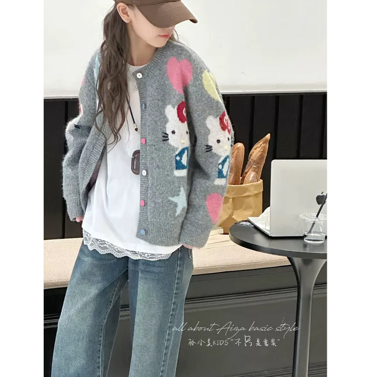 女童毛衣开衫秋装2025新款儿童春秋洋气KT猫毛线衣女孩针织衫外套