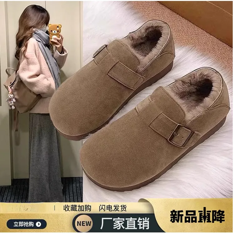 加绒全包复古勃肯鞋女保暖雪地靴2025冬季新款加厚一脚蹬毛毛棉鞋