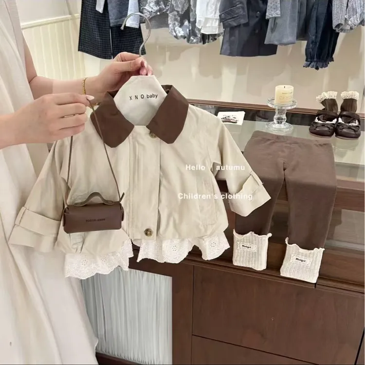 韩系女童风衣外套秋季新款儿童花边女孩秋装外套洋气童纯色套装