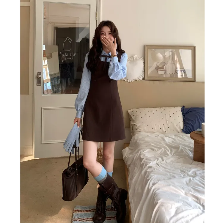 MARIE.COCO韩系巨好看学院风设计感假两件高级感气质连衣裙复古风