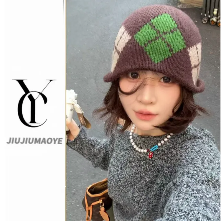 帽子时尚秋季春季包头帽韩版秋冬菱形格纹无檐防风保暖针织帽