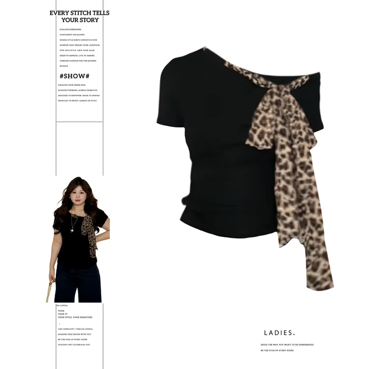 大码胖MM美式辣妹斜领露肩豹纹蝴蝶结短袖t恤女夏季修身显瘦上衣