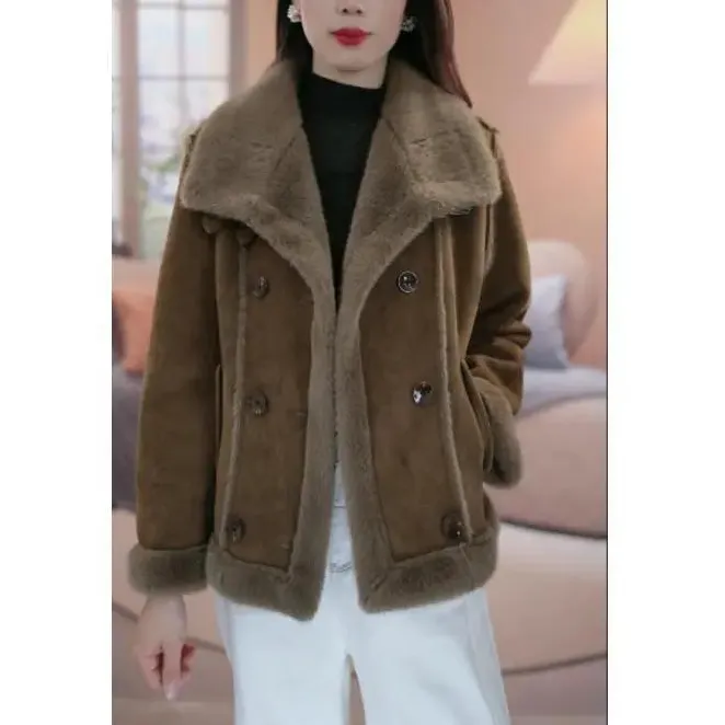 时尚立领防风宽松型冬季气质短款女保暖毛毛一体外套大衣