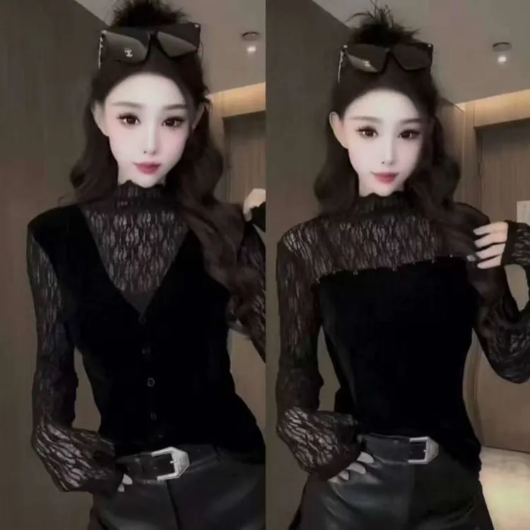 3573*蕾丝拼接长袖丝绒显瘦百搭打底T恤前后两穿