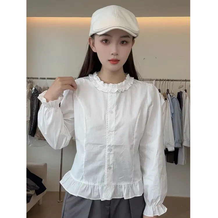 2025秋季新款时尚长袖衬衫女设计感拼接花边圆领上衣潮