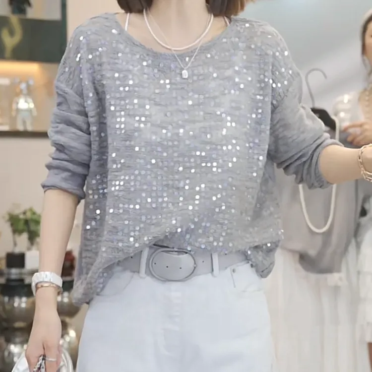 设计感重工亮片长袖毛衣2025春季新款纯色休闲时尚气质套头针织衫