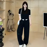 晶咕【无负担-裤子】韩版慵懒半松紧腰部拼色翻边直筒裤百搭显瘦