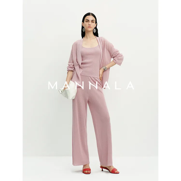 MANNALA丨“老钱假日”慵懒时髦超细亚麻裤子背心开衫套装 Q4562
