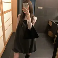 2021韩女花苞~蝴蝶结毛呢花苞背心裙
