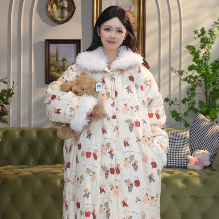 冬季大码三层加厚绒棉卡通睡袍女士长袖毛领保暖睡衣可外穿厚睡裙