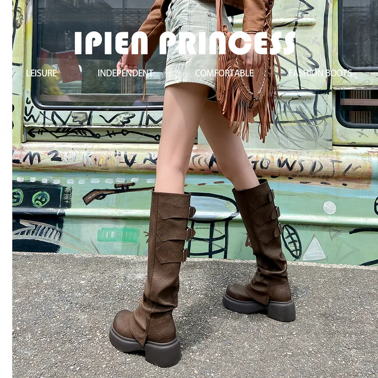 网红爆款英伦风复古长靴骑士堆堆靴女2025新款春秋季厚底长筒靴女