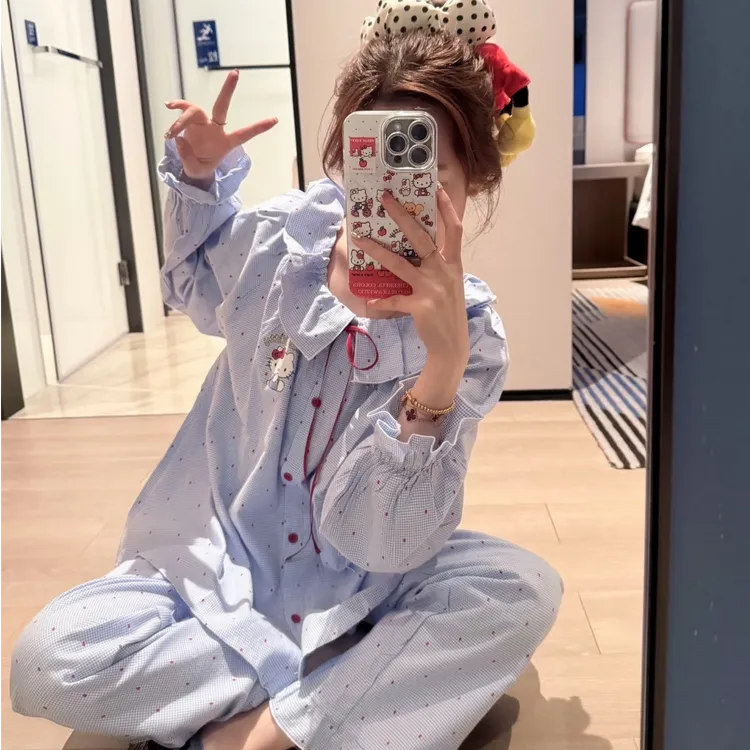 甜美波点HelloKitty睡衣女春秋新款蓝色花边长袖长裤家居服两件套