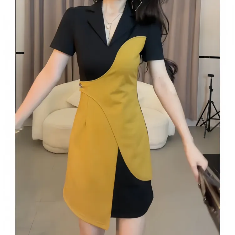 秋季胖mm时尚风气质拼色短裙v领套头轻奢法式A字不规则休闲连衣裙
