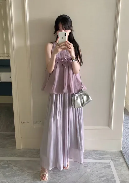 紫色裙子套装女夏季法式浪漫时尚蝴蝶结上衣高腰缎面半身裙两件套