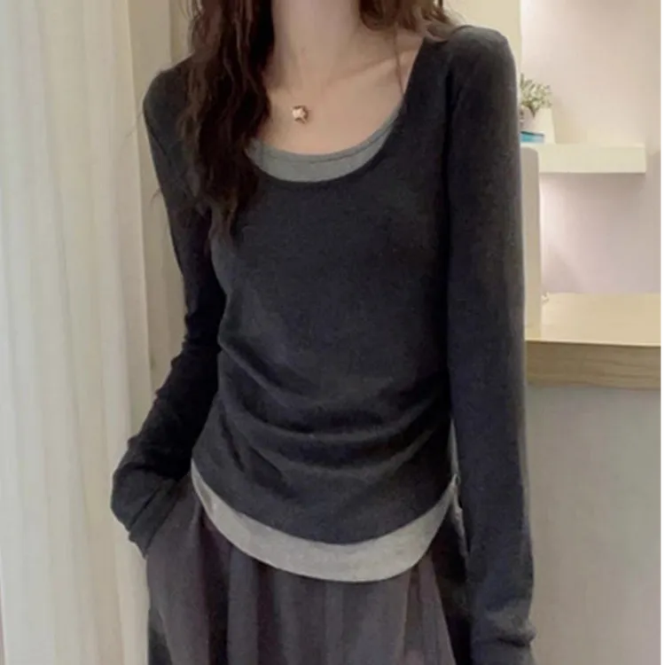 【大码】1030大码胖mm秋季修身显瘦撞色假两件长袖T恤女正肩上衣