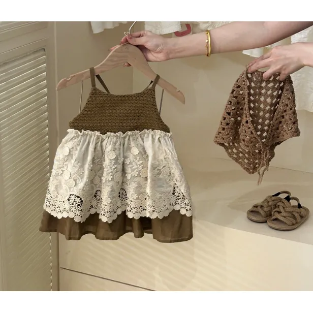 夏季童装2025新款女童时尚洋气镂空无袖吊带裙儿童蕾丝连衣裙潮童