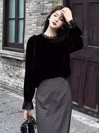 花边领黑色丝绒长袖打底2025早秋新款女装衬衣高级感气质显瘦上衣
