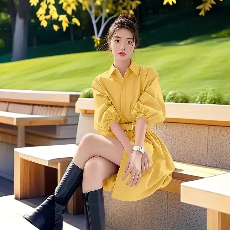 2025年夏季超火新款气质衬衫裙女轻奢高级感小众黄色翻领连衣裙女