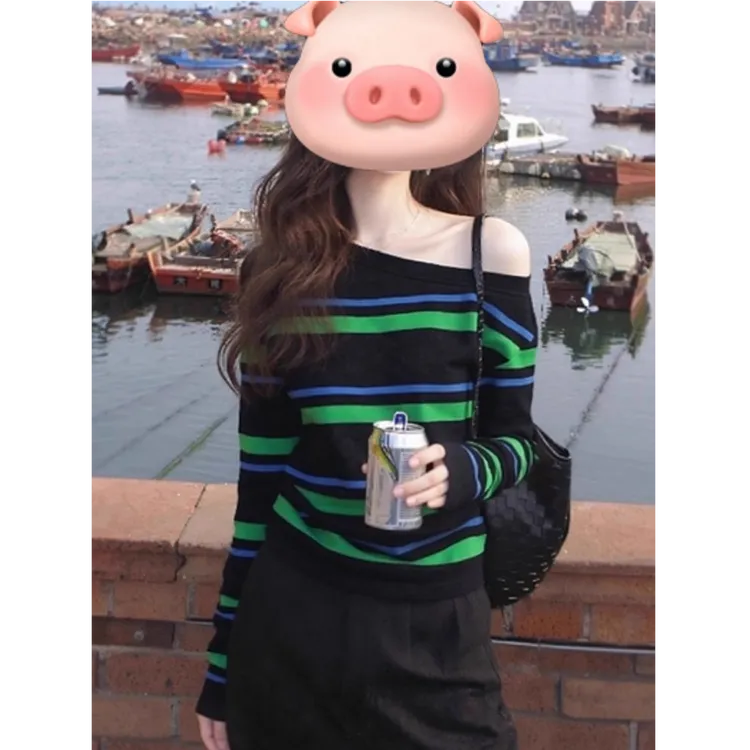 超好看上衣韩系慵懒风松弛感小众不撞款斜肩条纹T恤针织衫秋显瘦